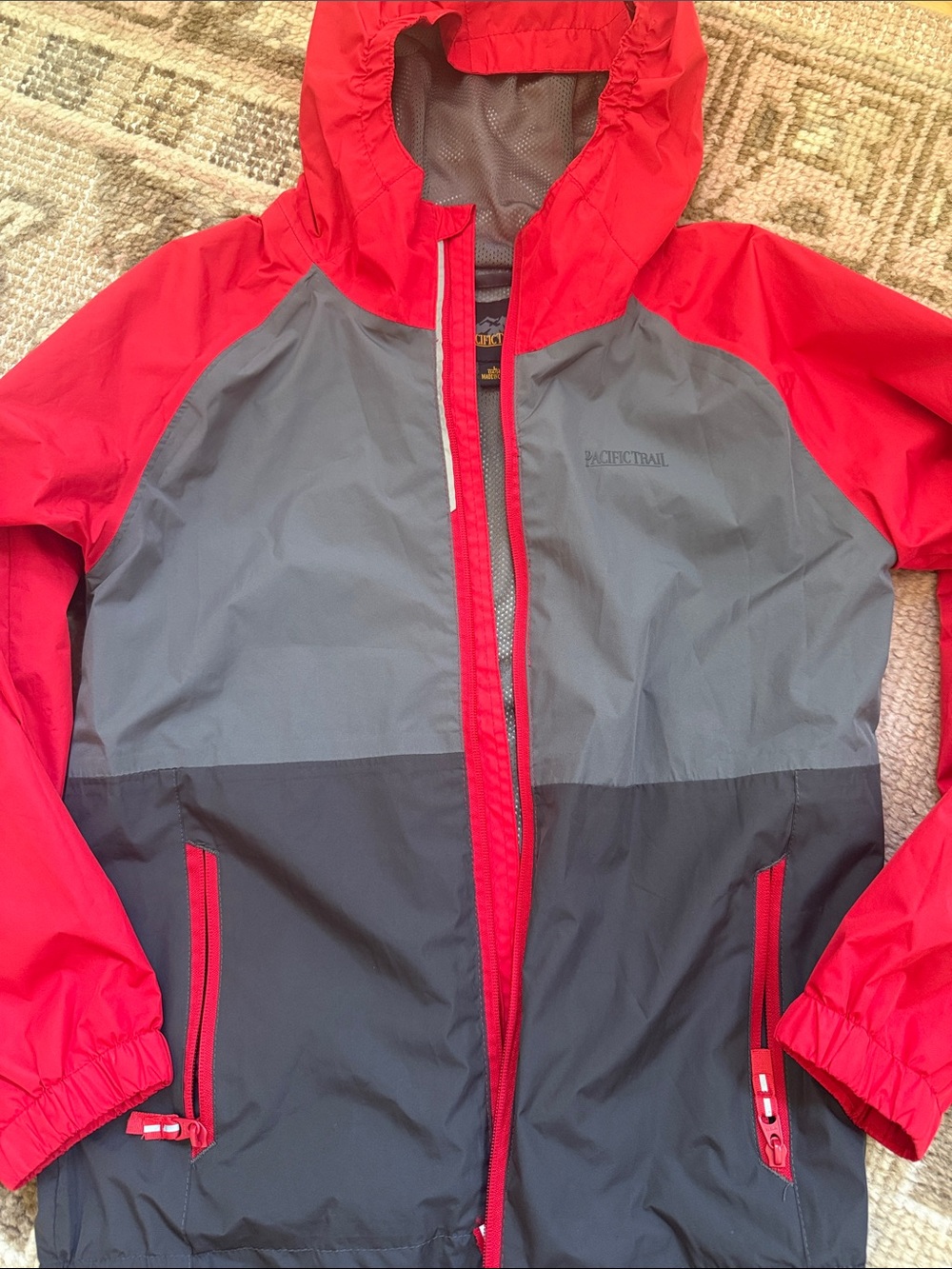 Pacific Trail Red and Gray Kids' Colorblock Rain Jacket with Hood